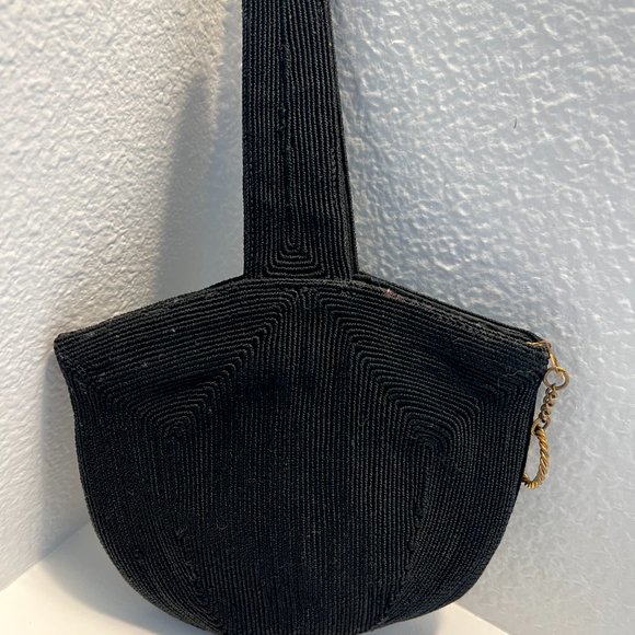 1940's Black Wristlet Purse - Small Boho Vintage - Cording Style Fabric - Picture 10 of 11